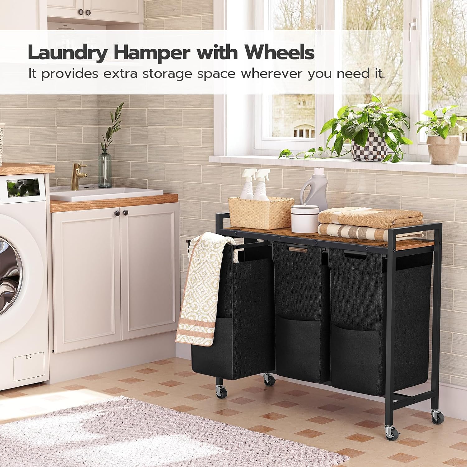 Laundry Sorter 3 Section, Laundry Hamper with Wheels, 3 × 11.5 Gal (43.5 L), Rolling Laundry Basket, Pull-Out and