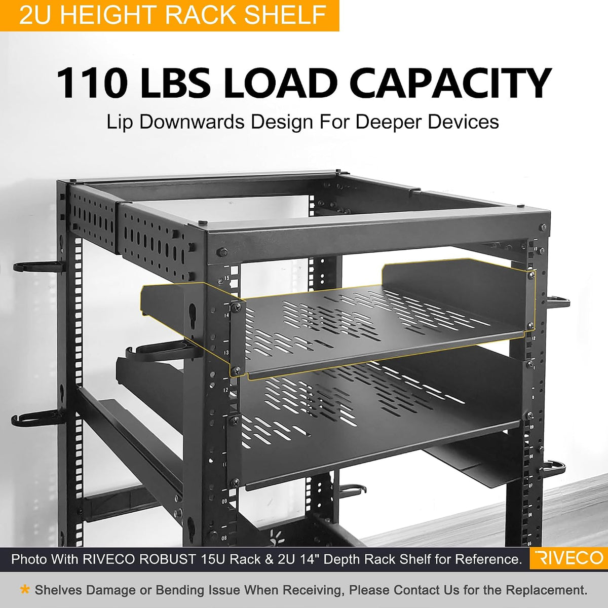 RIVECO 2U 14" Vented Rack Shelf for 19" Server Network Cabinet Black