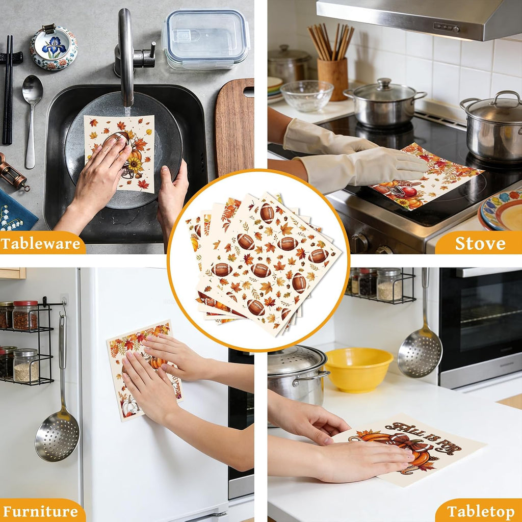 Fall Swedish Dishcloths, 6 PCS Football Pumpkin Kitchen Dish Cloth