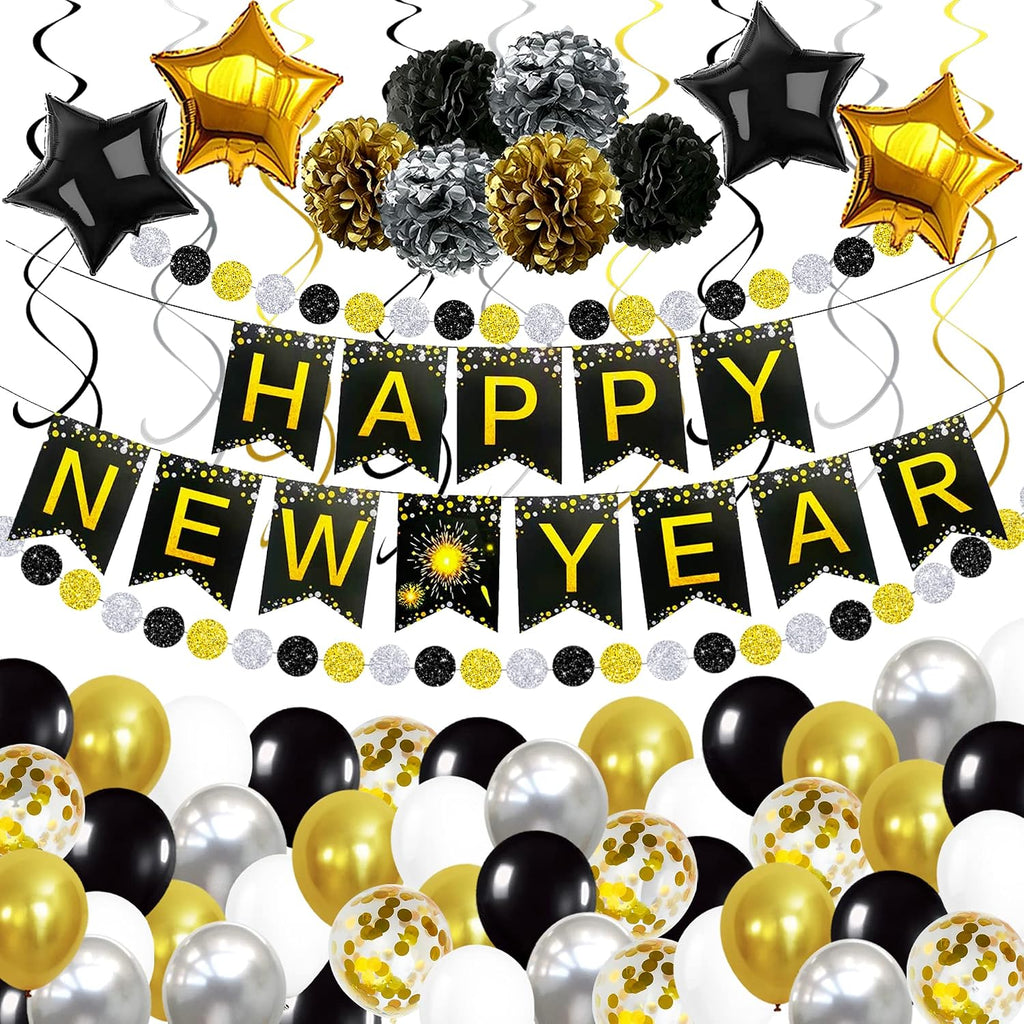 New Years Eve Party Supplies 2026, Pack of 70 | Happy New Years Decorations 2026, Hanging Swirls, PomPoms, NYE