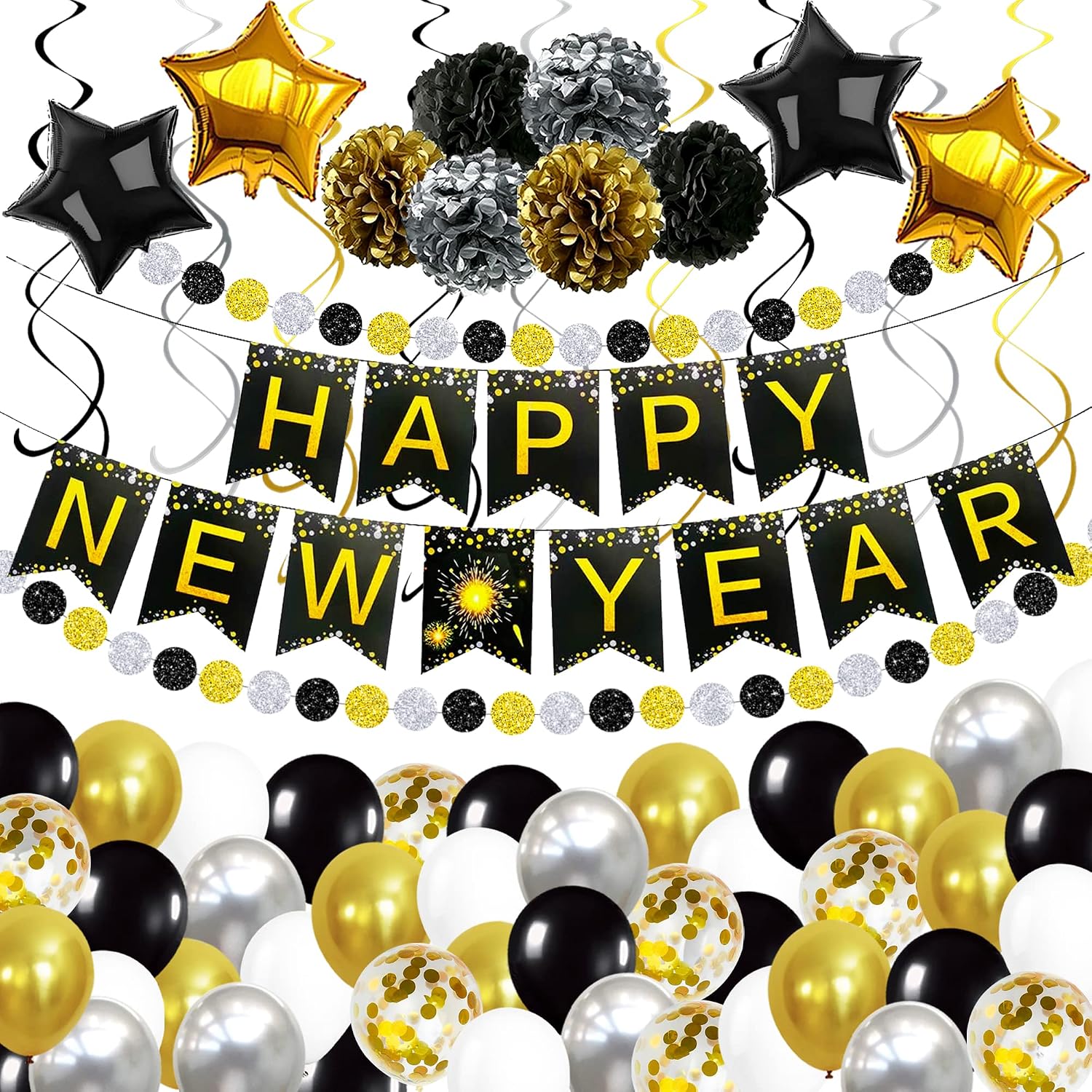 New Years Eve Party Supplies 2026, Pack of 70 | Happy New Years Decorations 2026, Hanging Swirls, PomPoms, NYE