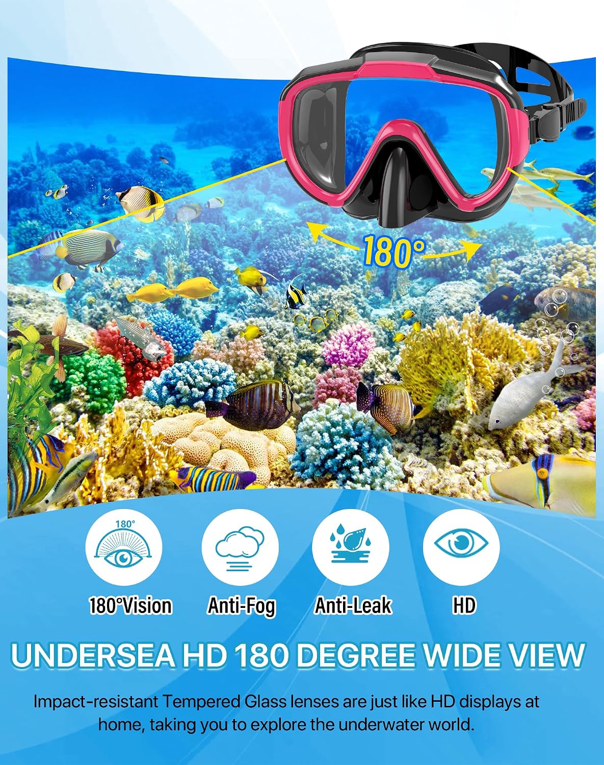 Snorkeling Gear for Adults Men Women,4 in 1 Snorkel Set with Panoramic View Diving Mask Anti-Fog Anti-Leak,Dry Top