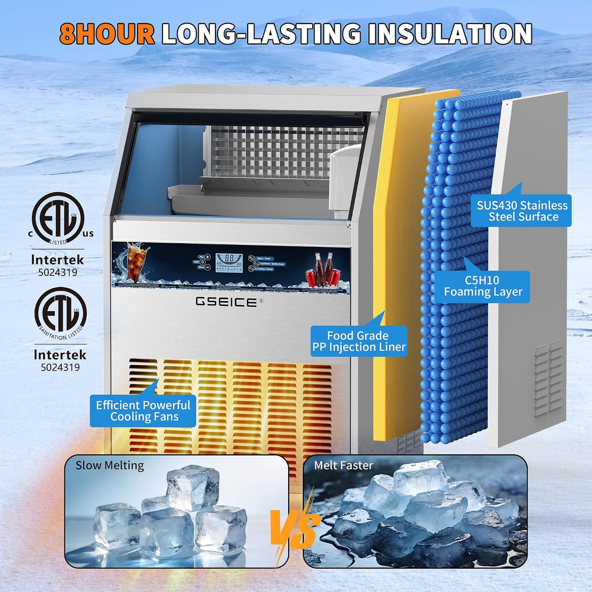 Commercial Ice Maker Machine (550lbs/24H with 130lbs Ice Storage)