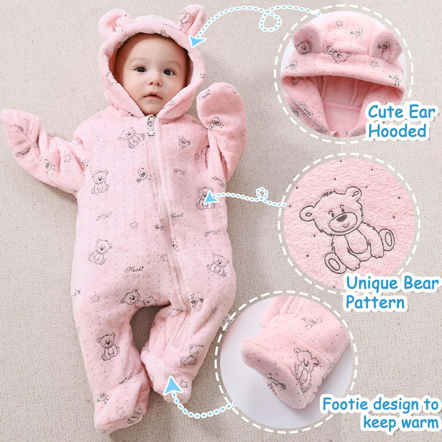 Newborn Baby Bear Suit Thin Fleece Footie Romper Snowsuit Hooded Jumpsuit Bodysuit Winter Clothes Boy Girl 0-12M