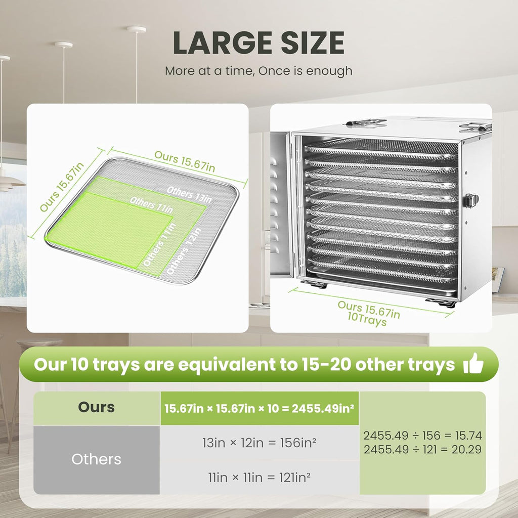 Commercial 10 Trays Food Dehydrator Machine for Jerky and Herbs Usable Area up to 24.65ft² and 194℉ Temperature 1000W