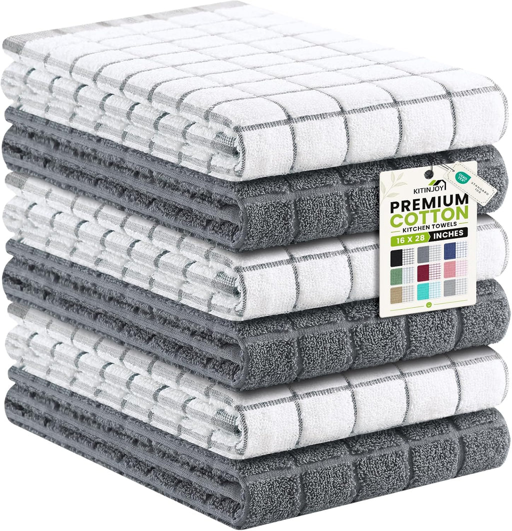Premium Kitchen Towels (16"x 28", 6 Pack), Large 100% Cotton Terry 390 GSM Kitchen Hand Towels, Ultra Absorbent Check