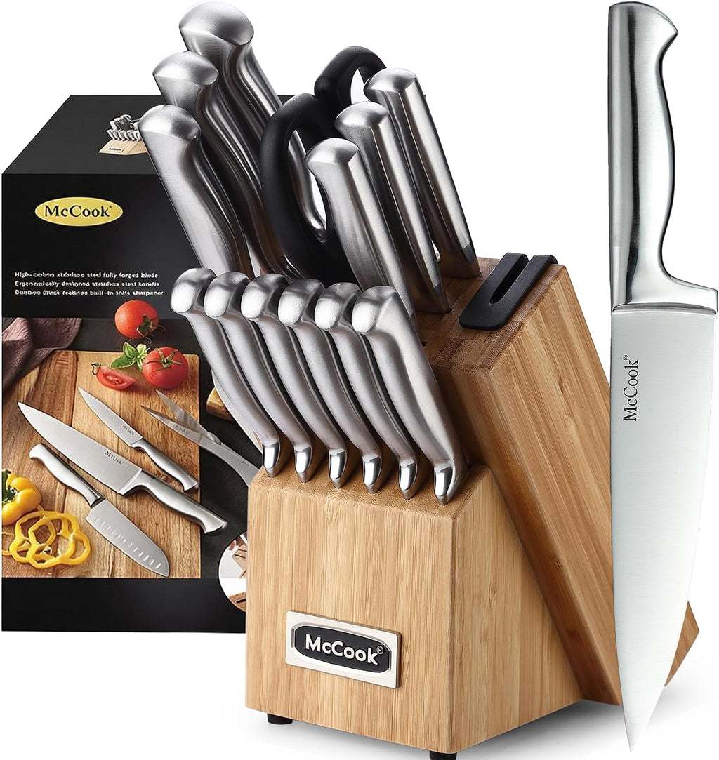 Knife Set Kitchen Steel Knife Block Set w Built-in Sharpener