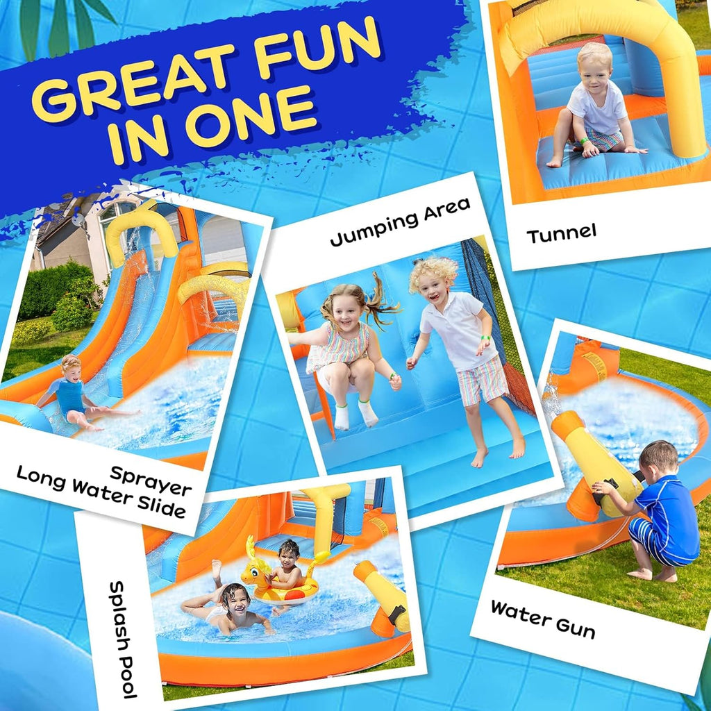 5-in-1 Inflatable Water Slide Park, Water Bounce House w/Air Blower, Climbing Wall, Double Jump Area, Splash Pool
