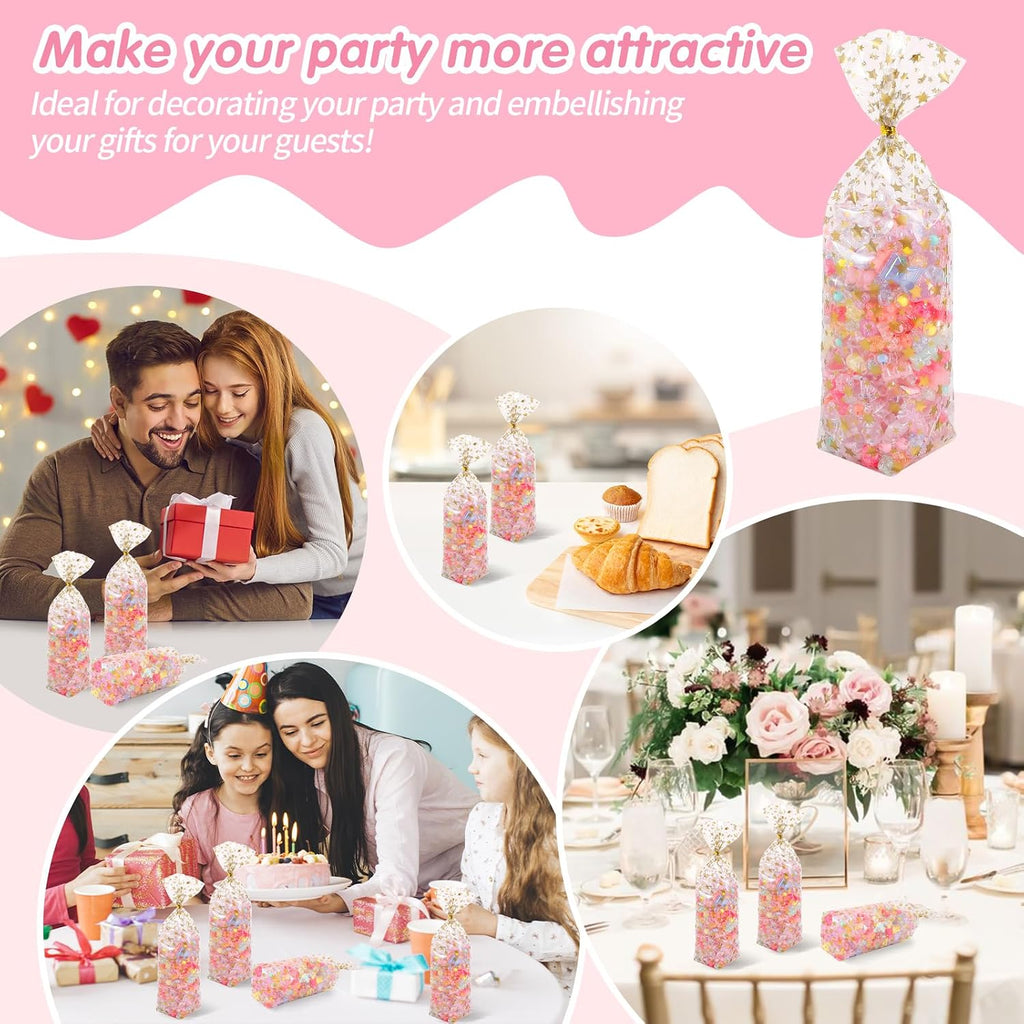 Gold Star Flat Bottom Gusset Cellophane Bags 5X 11 IN 100 PCS Clear Cellophane Gift Bags Party Favor Bags Cello