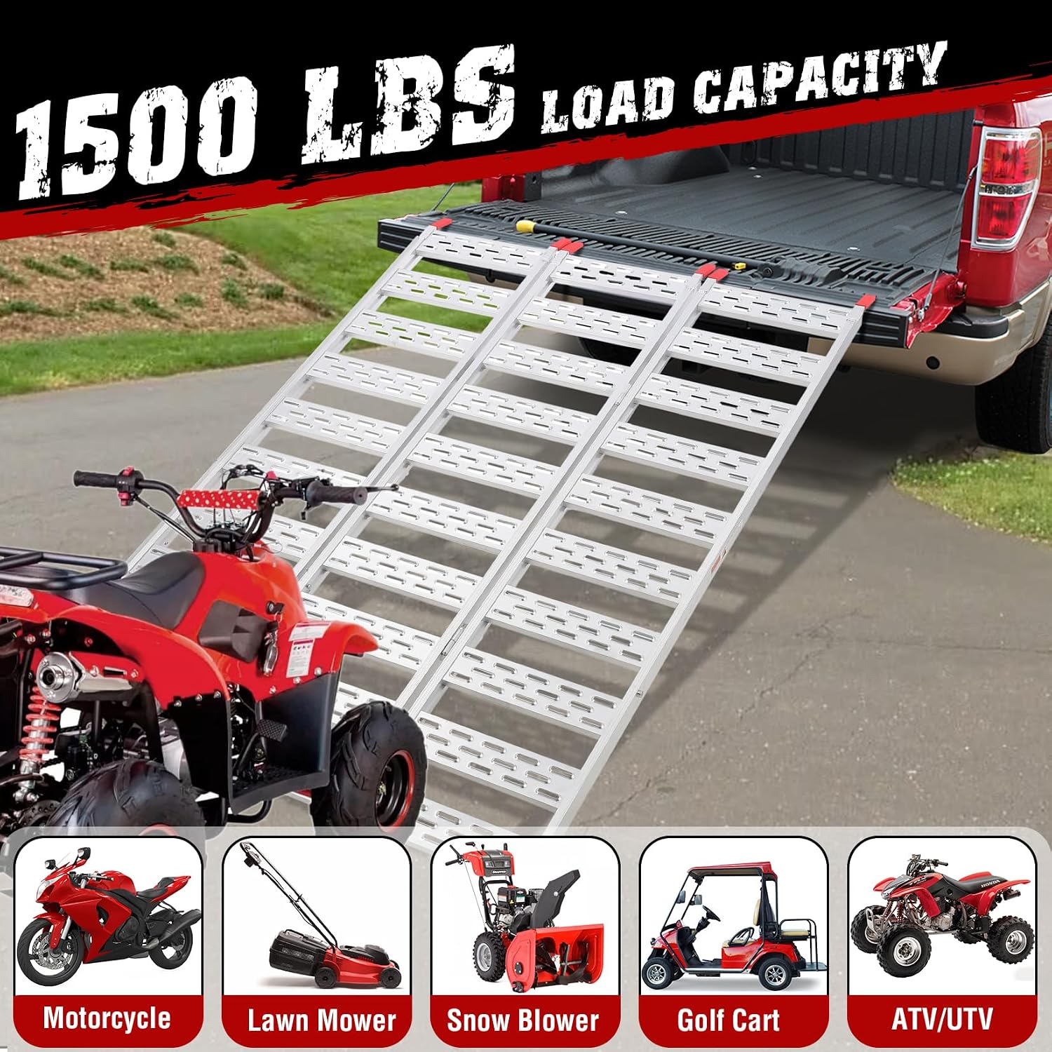 Tri Fold Aluminum Loading Ramp for Pickup Trucks, 75x50 in, 1500 LB Capacity, Portable Heavy Duty Lawn Mower Ramp