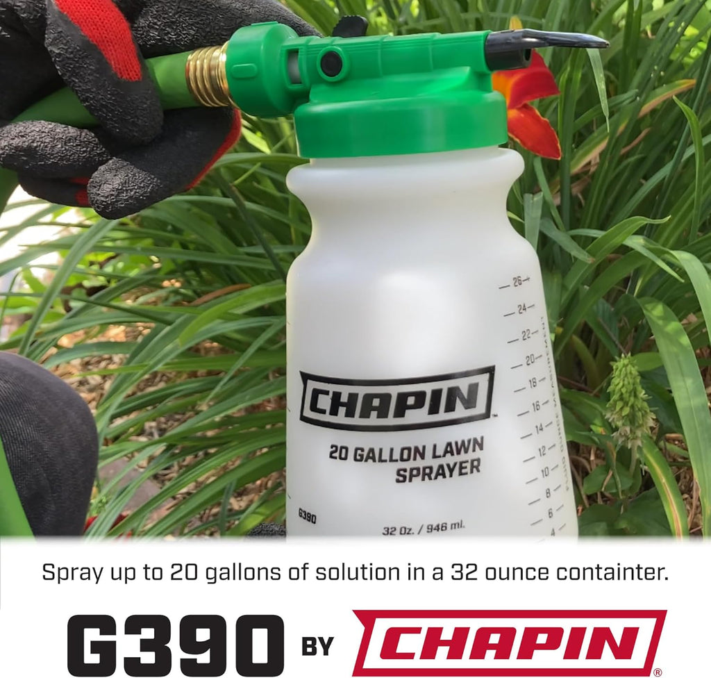 Chapin G390 Hose End Sprayer for Water Soluble Materials, 20 Gallon, 32 Ounce Tank, Finger Control and Backflow