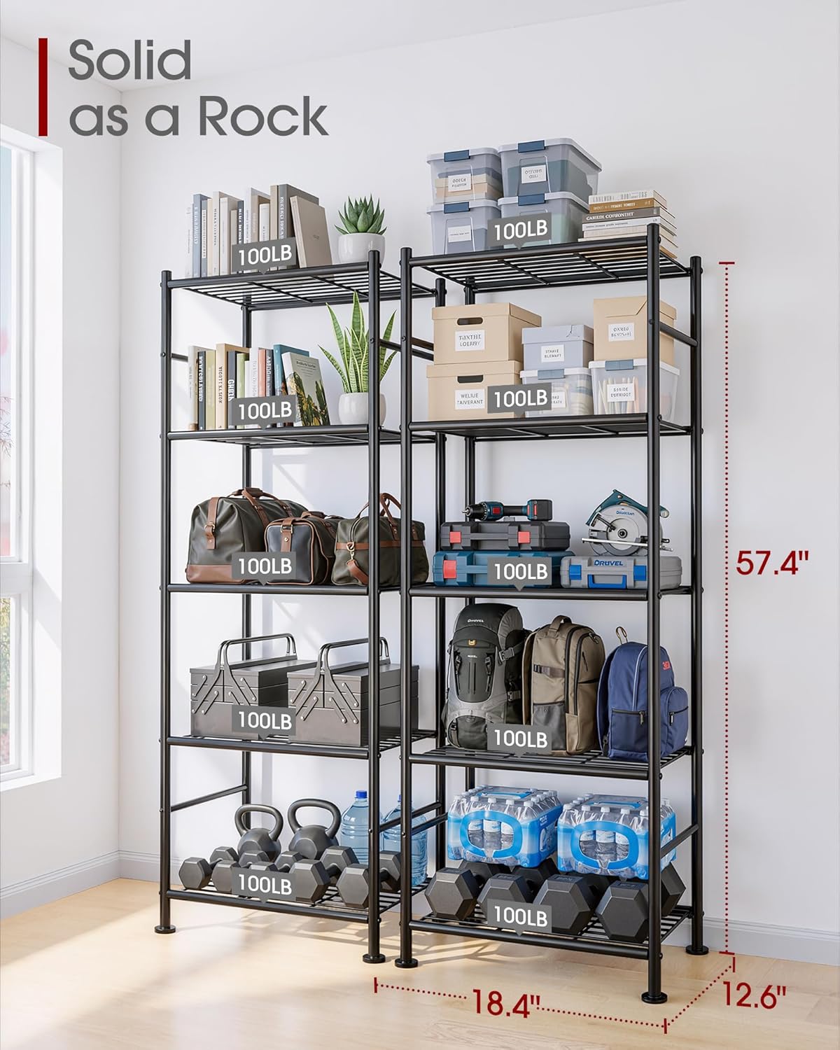 Storage Shelves - Set of 2, 5-Tier Metal Shelf Organizer, Space-Saving Garage Shelving with Leveling Feet, Standing