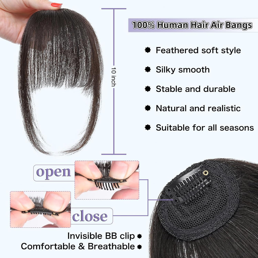 Clip in Bangs Real Human Hair Wispy Bangs Hair Clip, Brown Black | Soft Layered Fake Bangs, Fringe with Temples