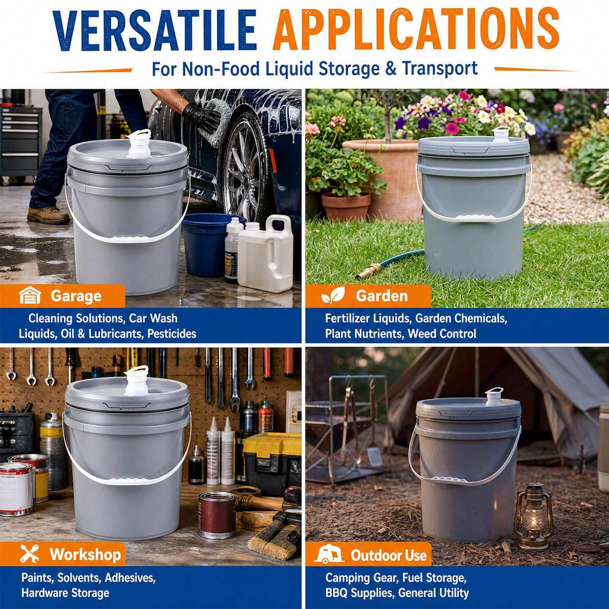 2 Pack 5 Gallon Utility Buckets with Lids, Pour Spouts and Handles