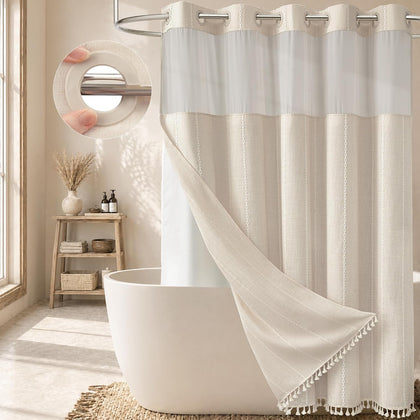 Cream Ringless Boho Stripe Tassel Shower Curtain with Snap Liner 72x75 | Heavy Duty Linen Blend, 3 in 1 Shower