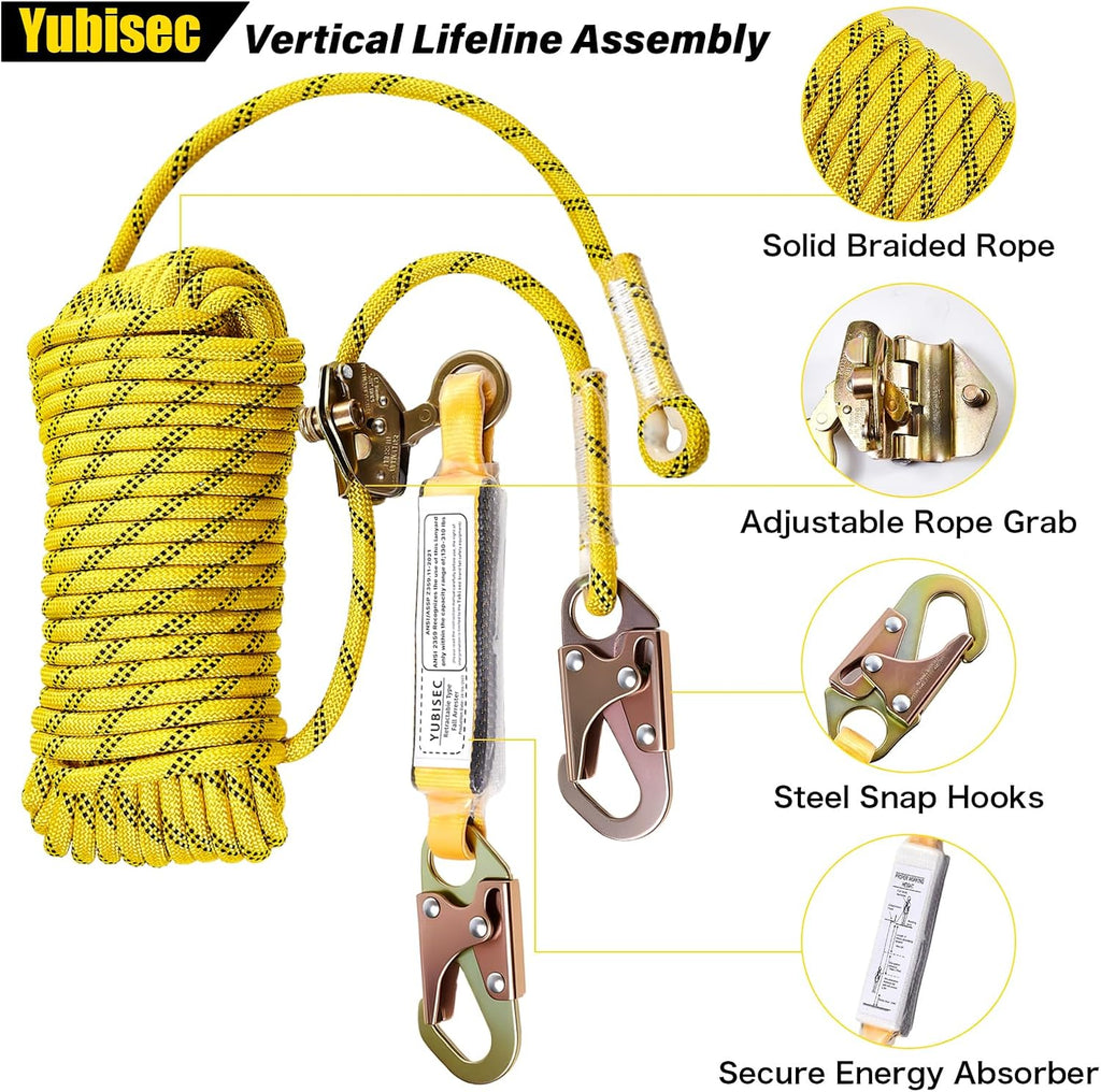 Rope Harness Safety Lanyard 100FT, Vertical Lifeline Assembly | Grab Snap Hooks Shock Absorber, Fall Protection Tree