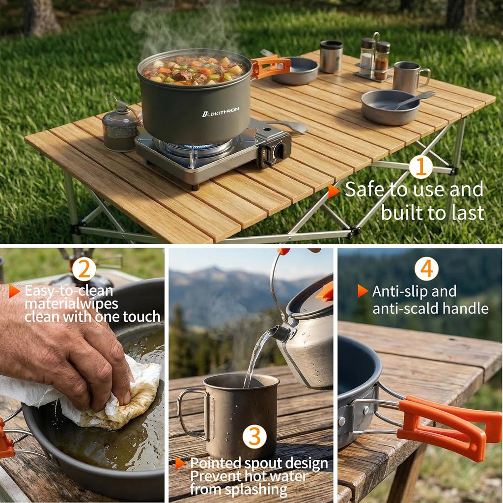 18-Piece Large Capacity Camping Cookware Set Aluminum Mess Kit | 2.8L main cooking pot 1.6L hot-water kettle 1.3L