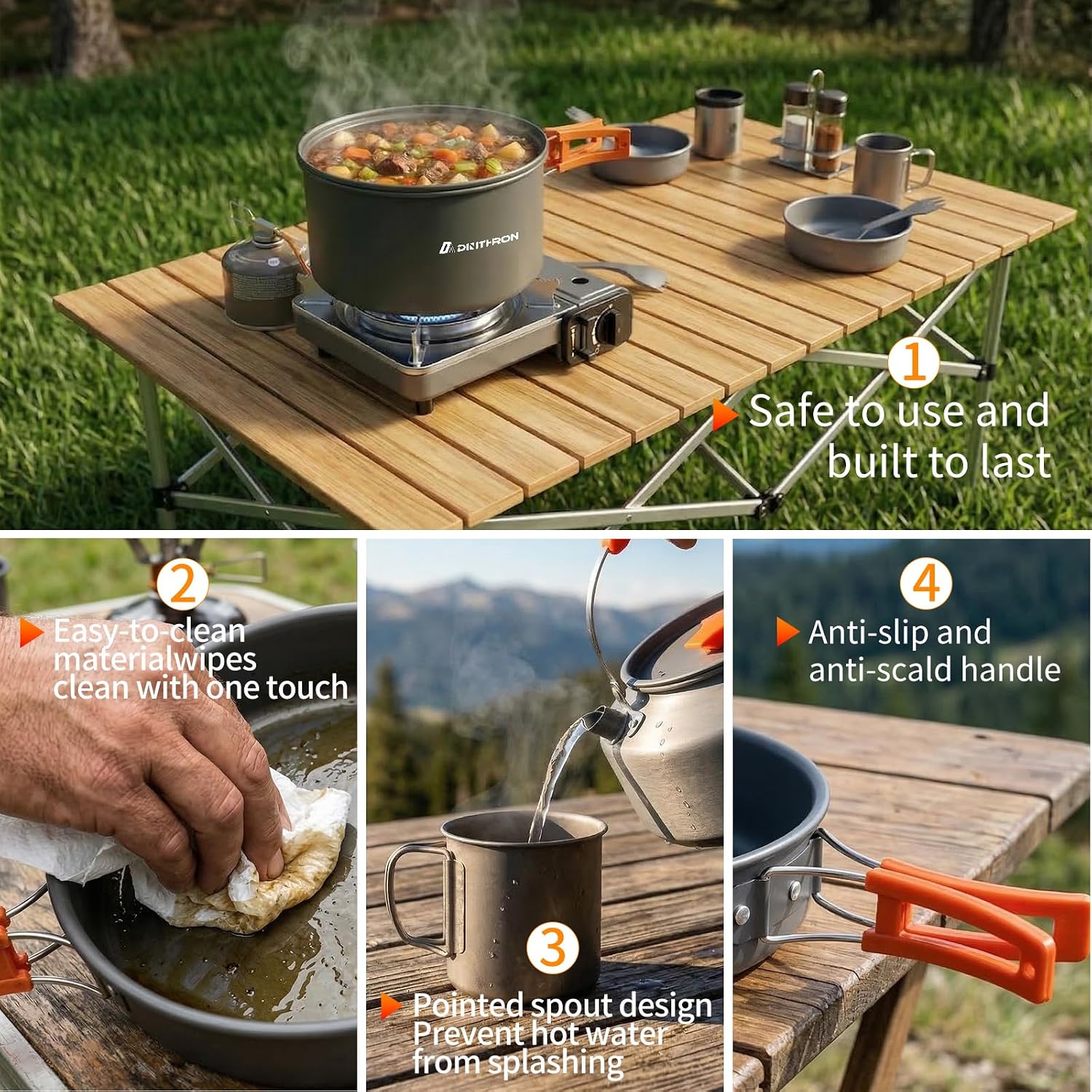 18-Piece Large Capacity Camping Cookware Set Aluminum Mess Kit | 2.8L main cooking pot 1.6L hot-water kettle 1.3L