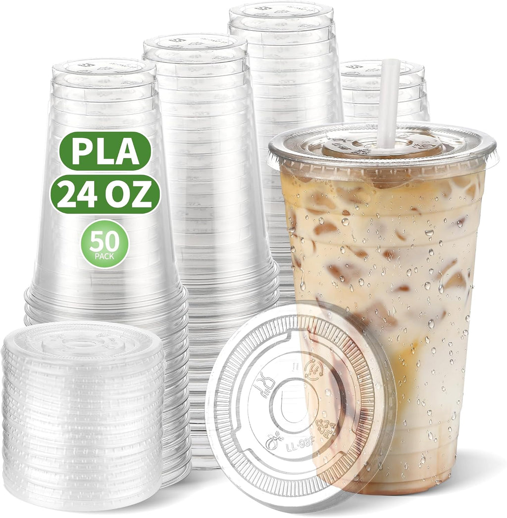 24 OZ Compostable Clear Plastic Disposable Iced Coffee Cups with Flat Lids, Biodegradable Cold Drinking Cups To Go