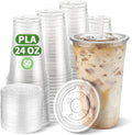 24 OZ Compostable Clear Plastic Disposable Iced Coffee Cups with Flat Lids, Biodegradable Cold Drinking Cups To Go