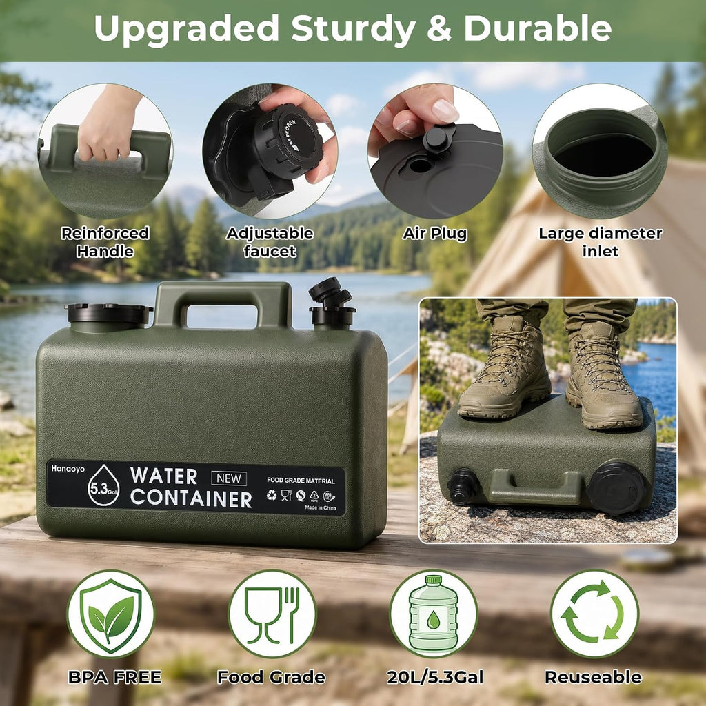 5.3 Gallon Camping Water Jug, BPA Free Portable Water Container with Spigot & Extension Tube, Space Saving Flat Water