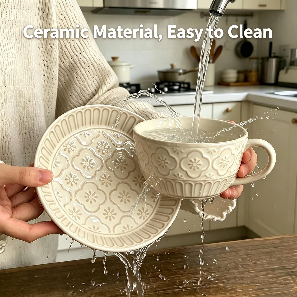 Cappuccino Cups with Saucers, 10 oz Ceramic, Set of 4