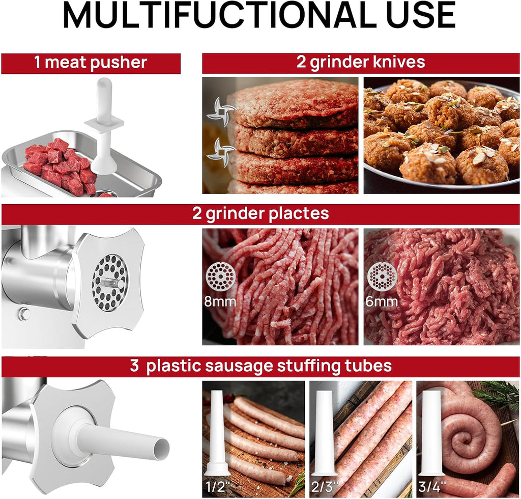 #12 Commercial Meat Grinder,1.0HP Professional Electric Meat Mincer,Heavy Duty Stainless Steel Sausage Stuffer with 2
