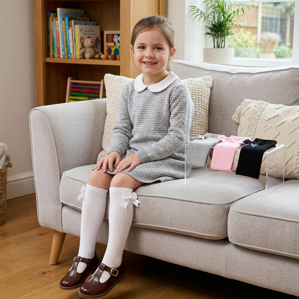 4 Pairs Bow Girls Knee High Socks, Soft Cute Long Socks for Girls Over Calf Stockings School Uniform Dress Sock