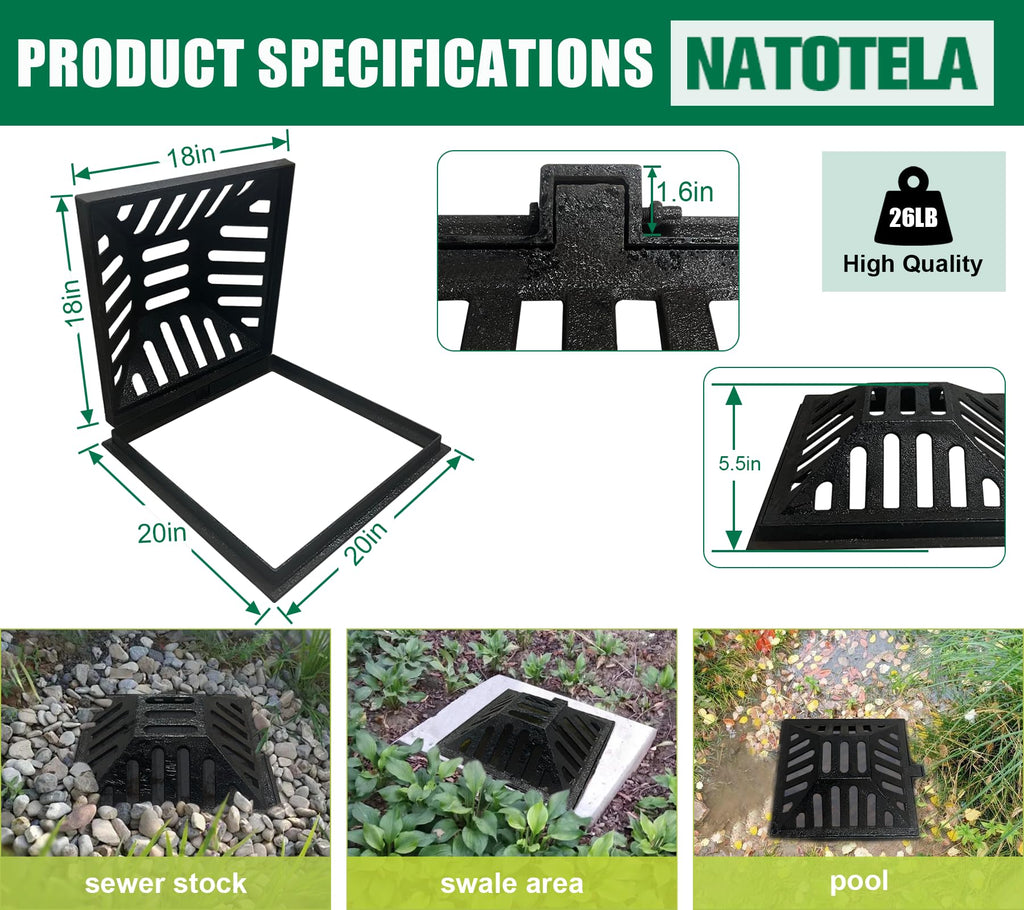 18x18in Square Ductile Iron Atrium Drain Grate and Frame for Yard