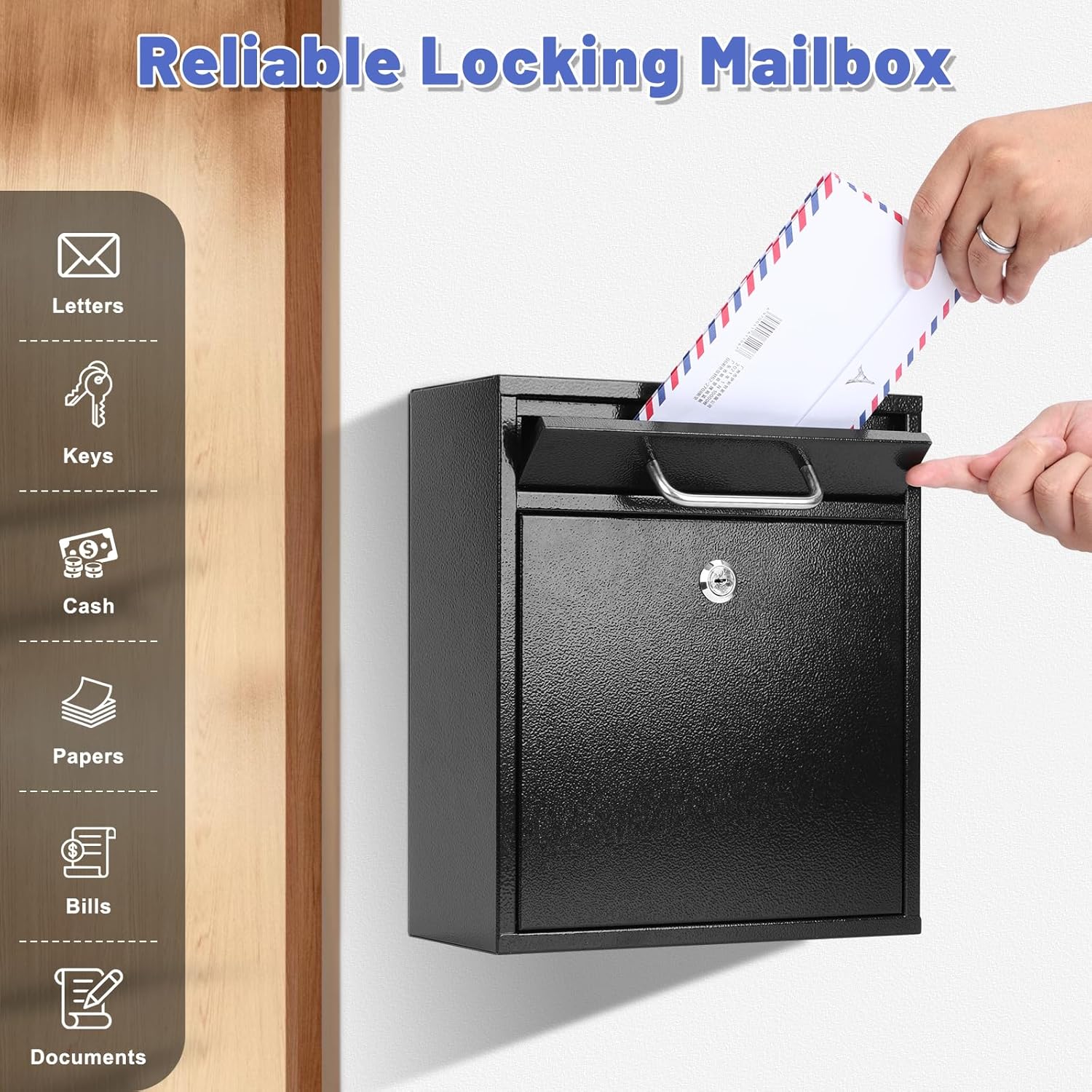 Steel Key Lock Mail Boxes for Outside, Locking Wall Mount Mailbox, Security Key Drop Box for Home, Office or