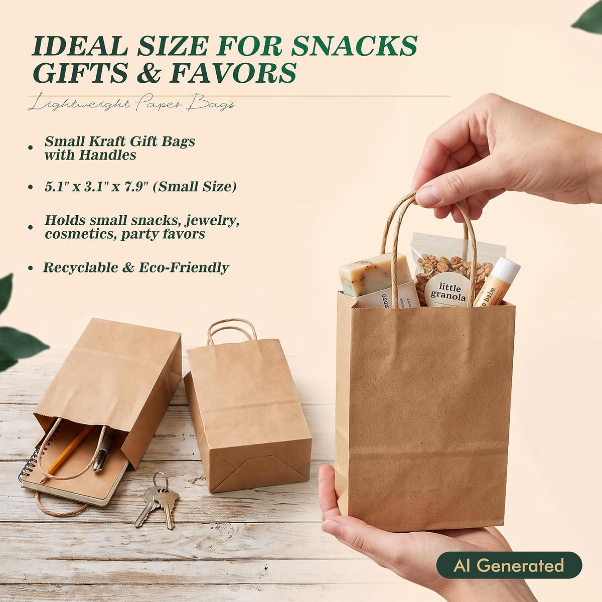 100Pcs Small Brown Gift Kraft Paper Bags with Handles, 5.2x3.2x8 In