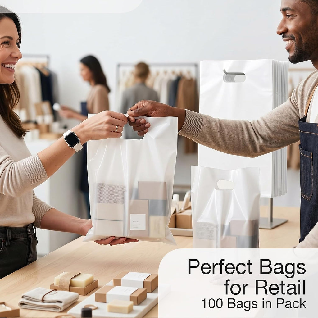 100 White Plastic Bags With Handles 12x15 Merchandise Bags
