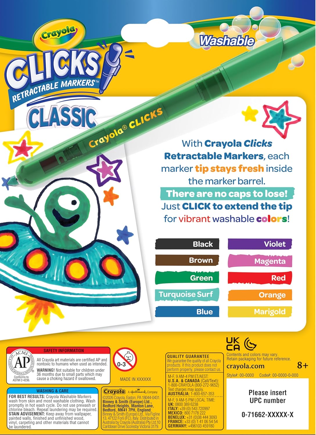Clicks Retractable Tip Markers (10ct), Washable Cone Tip Art Marker Set, Cute Aesthetic School Supplies, Classroom