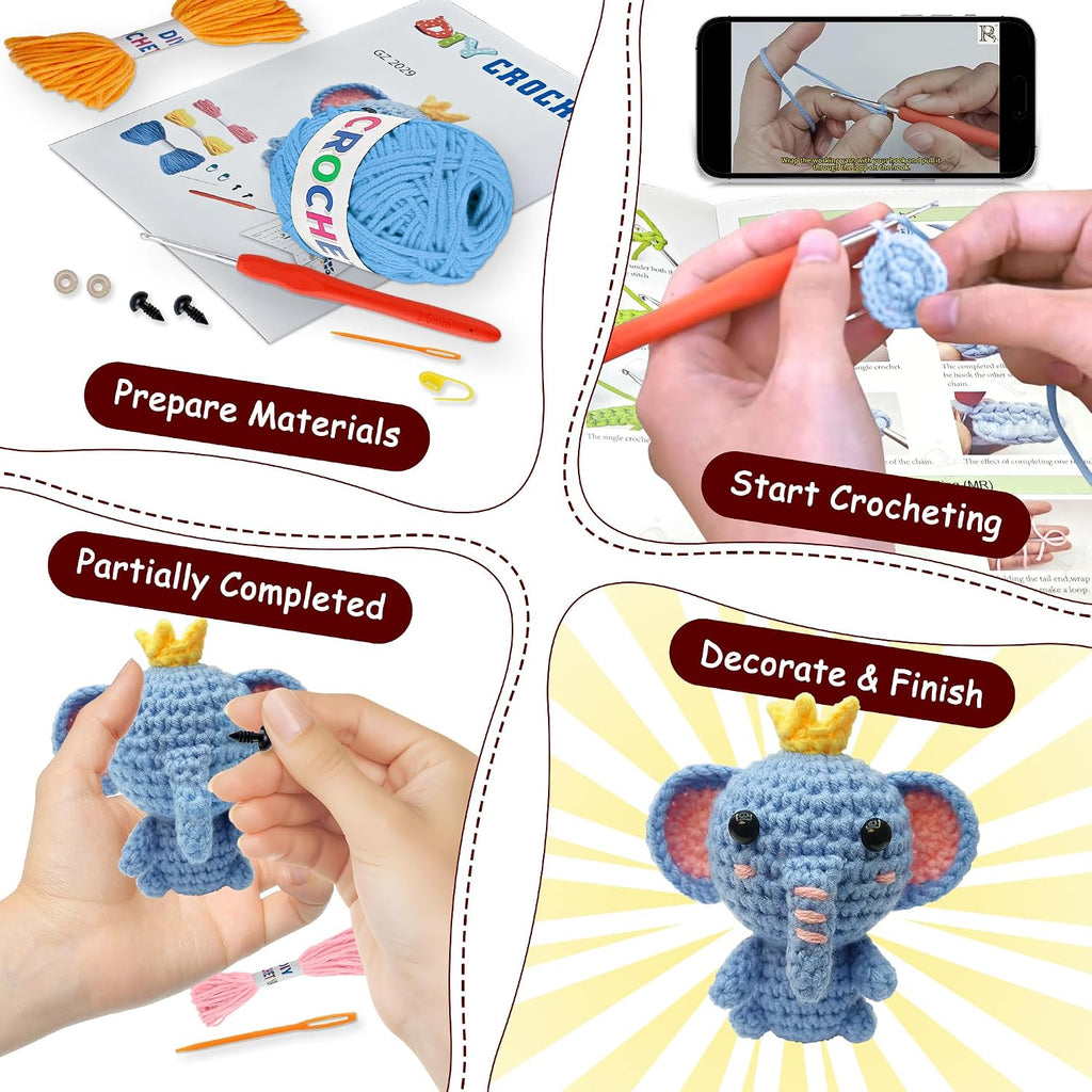 Crochet Kit for Beginners Kids: 6pcs Cute Animal Crochet Set Knitting Gift for 8-12 Year Old - Easy to Learn with