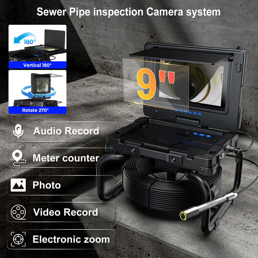 Sewer Camera with Self-Leveling DVR, 100ft Snake, 9" HD Screen