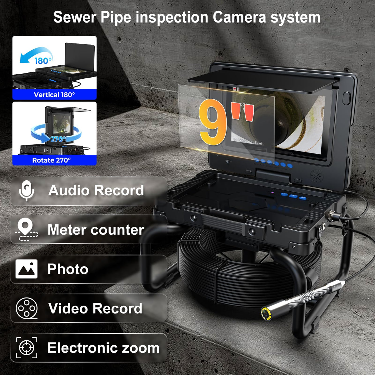 Sewer Camera with Self-Leveling DVR, 100ft Snake, 9" HD Screen