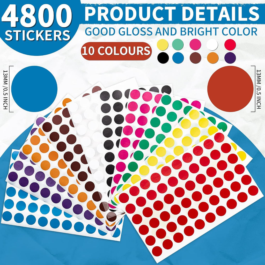 1/2 Inch Circle Sticker Labels, 4800 Sticker Dots, Adhesive and Writable Dots. Color Coding Labels and Adhesive Dots