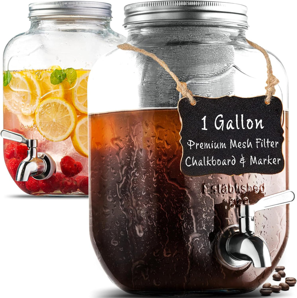 1 Gallon Cold Brew Coffee Maker - 3rd Generation Fine Mesh Filter - Stainless Steel Spigot - Extra Thick Large Glass