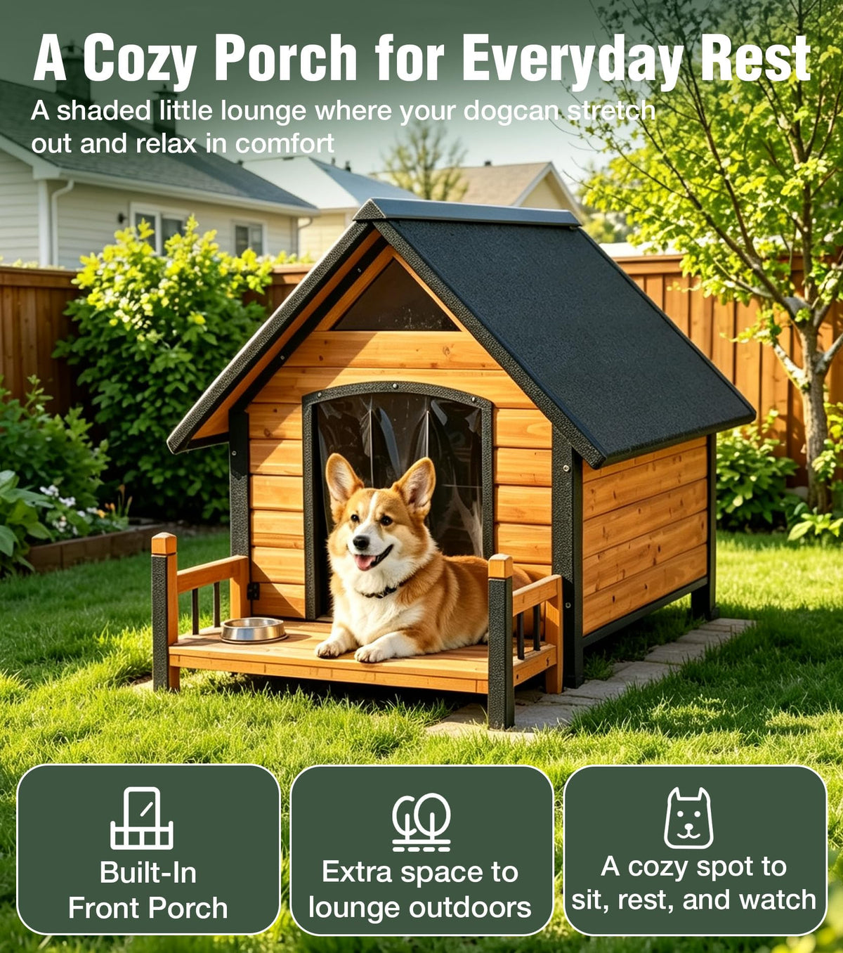 Dog House Outdoor Weatherproof with Iron Frame and Asphalt Roof