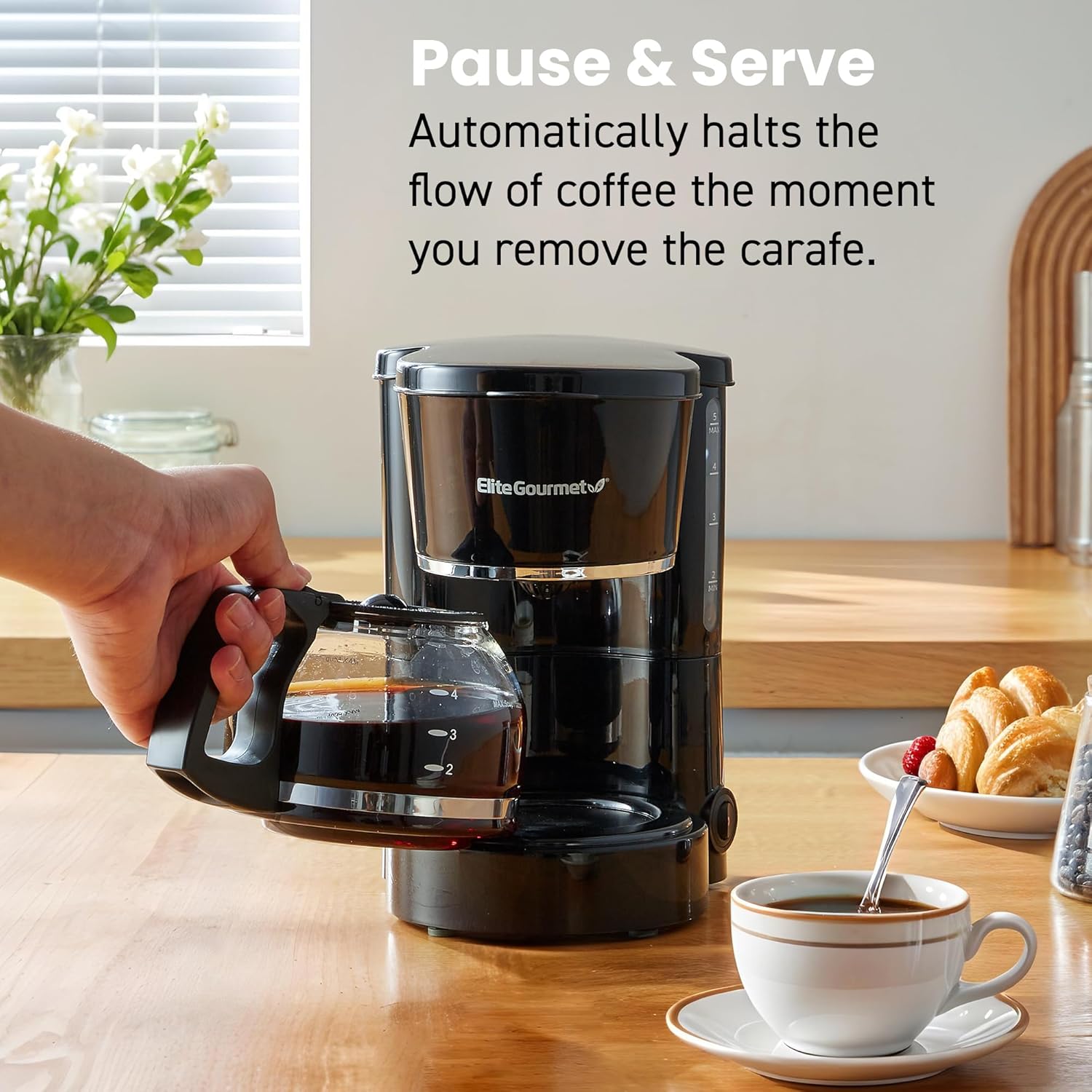 EHC-5055 Automatic 5-Cup Brew & Drip Coffee Maker with Pause N Serve Reusable Filter, On/Off Switch, Water Level