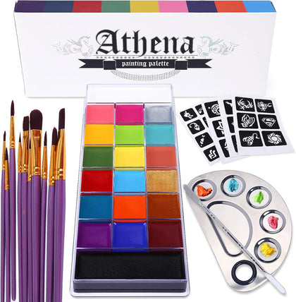 Athena Face Body Paint Oil Makeup Set, 20 Colors FX Halloween Party Painting with Stainless Steel Mixing Palette and