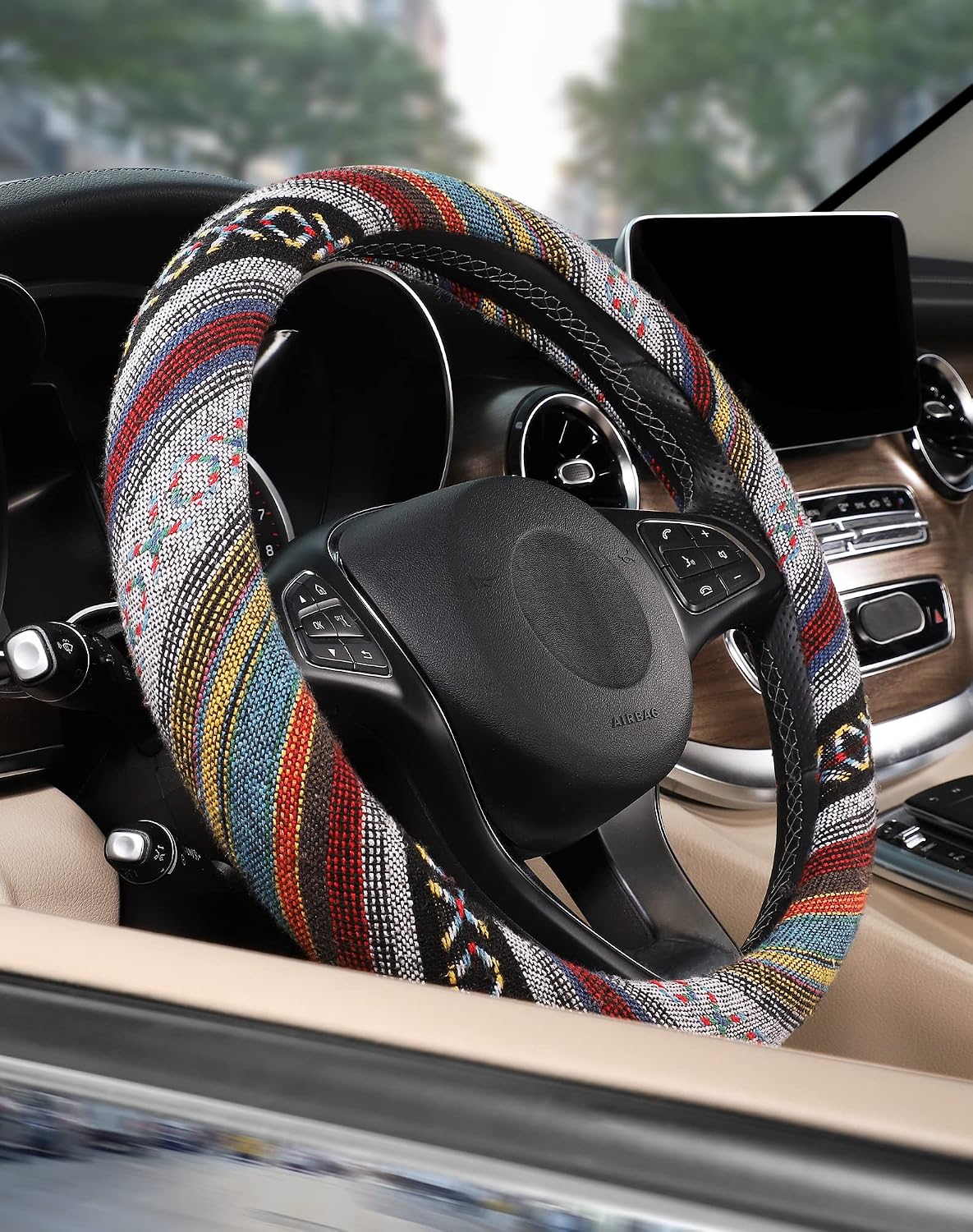 Boho Steering Wheel Cover with Baja Blanket Cloth, Ethnic Style Auto Wheel Cover Made of Coarse Flax, Fits 14 1/2-15