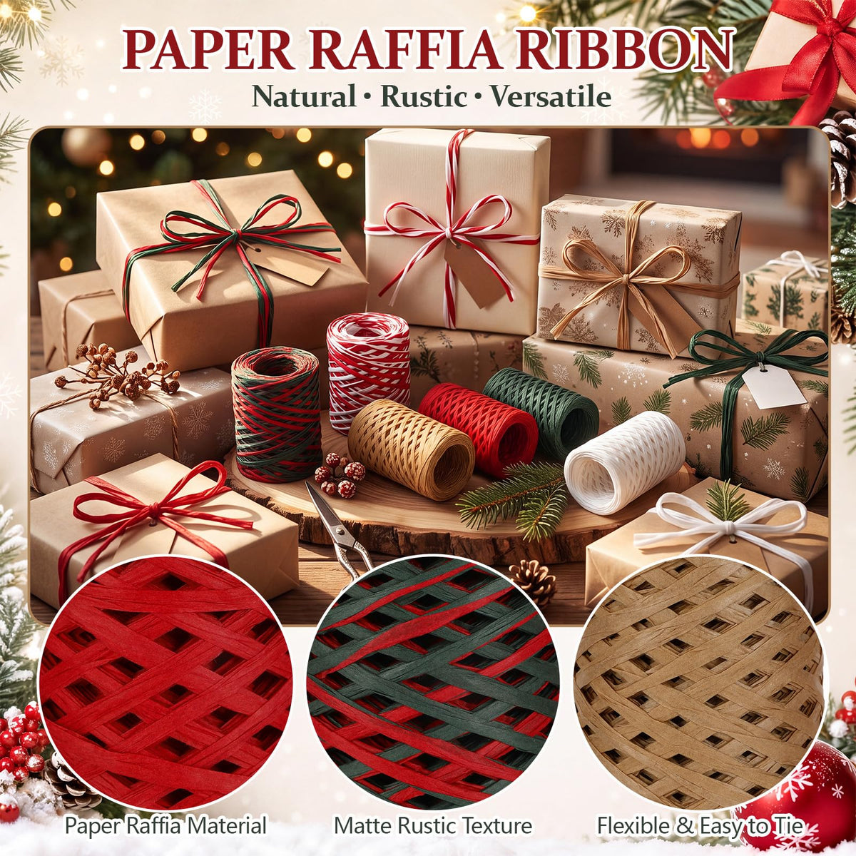 6 Rolls 1476ft Christmas Raffia Ribbon for Gift Wrapping