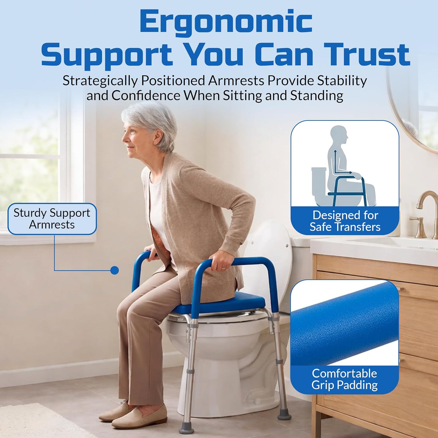 Ultimate Raised Toilet Seat with Handles - Adjustable Raised Toilet Seat for Seniors, Bedside Commode - Padded