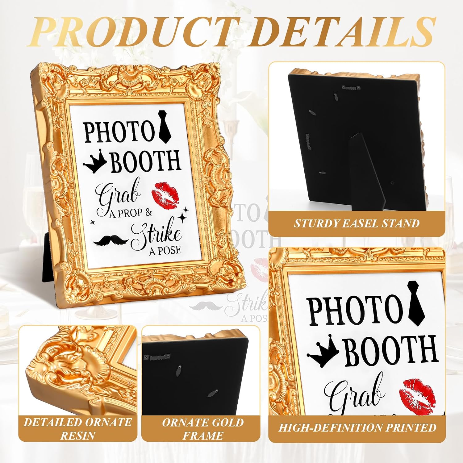 Vintage Wedding Photo Booth Sign Gold Frame Resin Stand Desktop