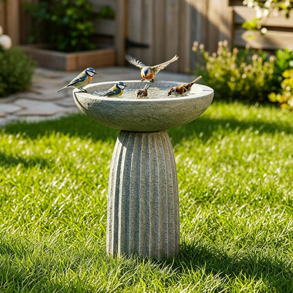 24.4" Pedestal Bird Bath for Outdoor, Geometric Fluted Concrete Birdbath with Tree Trunk Decor, Durable Fibre