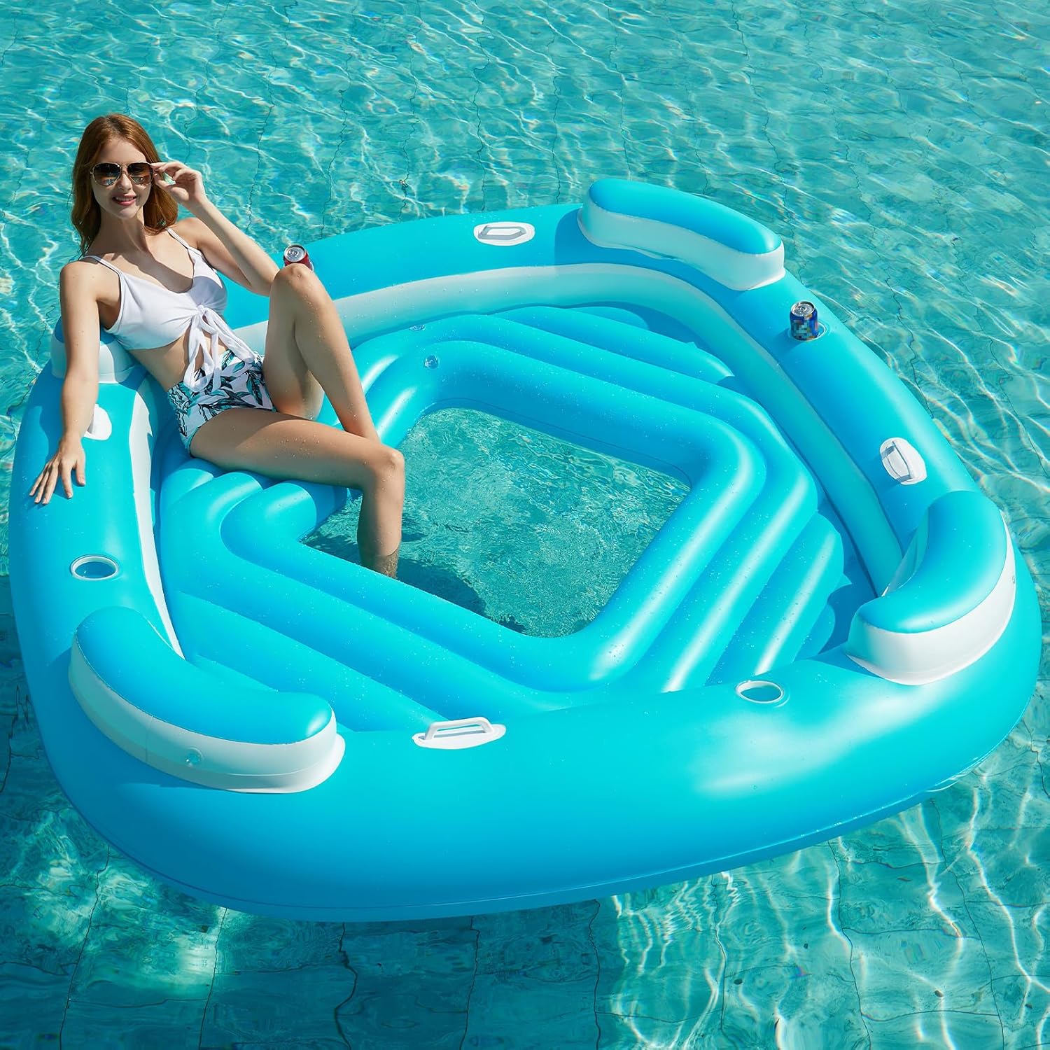 Floating Island Pool Float - Giant Inflatable Multi Person Pool Party Floats Swimming Pool Lounger Raft with Cup