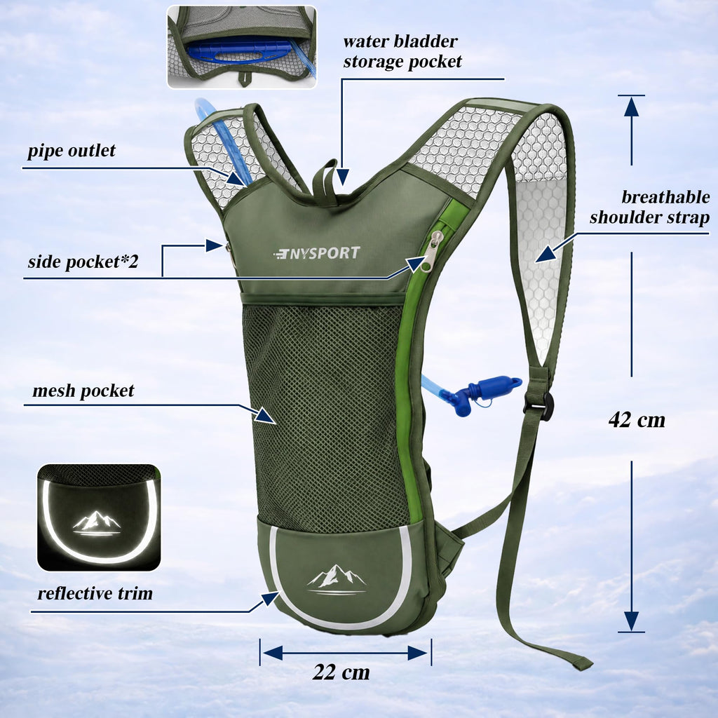 Lightweight 2 Pack Hydration Water Backpack with 2L Bladder, Green & Gray