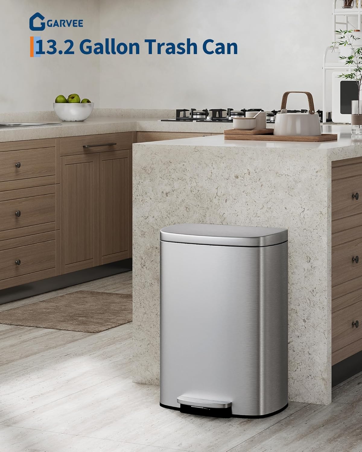 Stainless Steel Kitchen Trash Can, 13 Gal / 50 L Step-On Garbage Bin with Soft Close Lid, Large Rustproof Metal Trash