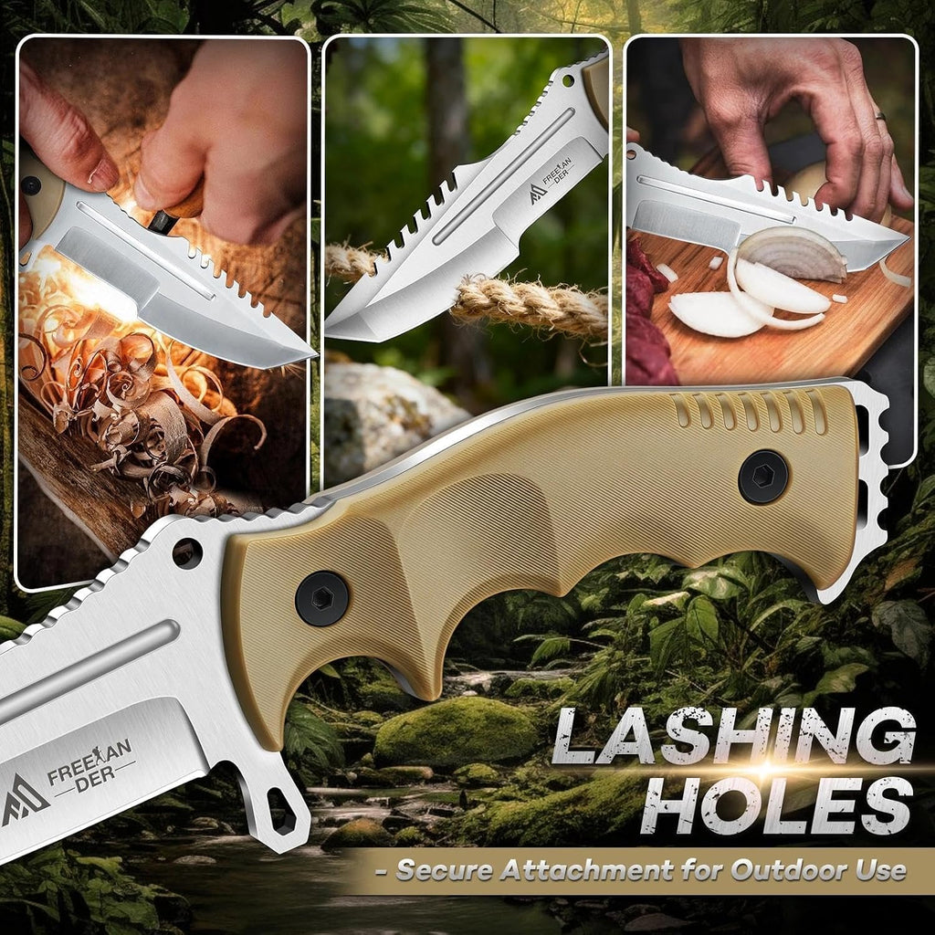 Outdoor Fixed Blade Knife, Full Tang Survival Knife with Sheath | D2 Steel Camping Bushcraft Knife with Ergonomic